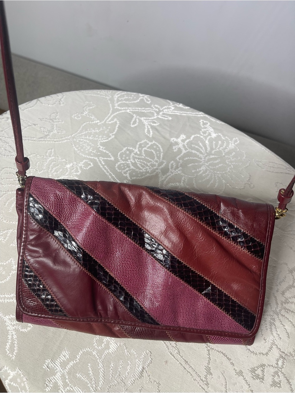 Unique Vintage Burgundy and Pink Diagonal-Stripe Shoulder Bag